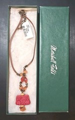 Vintage Marshall Fields Carved Cinnabar Pendant Necklace Asian Lacquer Boxed Tag