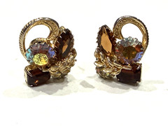 VINTAGE TOPAZ AMBER BROWN YELLOW NAVETTE AB RHINESTONE LEAF Clip On Earrings