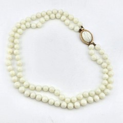 Vintage Marvella Signed Double Strand White Glass Beaded Necklace Hand-Knotted
