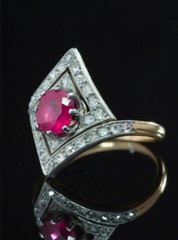 Art Deco Style Kite Cut Two Tone Ring 2 Ct Lab Created Ruby 14k Yellow Gold Over