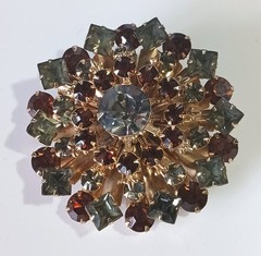 Vintage Gold-tone Layered Brooch w/ Smoky Topaz- & Gray-Green Colored Rhinestone