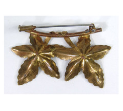 Vintage Edwardian Trombone Clasp Double Flower Brooch Pearl Center Gold Tone