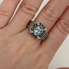 Vintage 925 Sterling Silver Genuine Blue Topaz Marcasite Deco Style Ring SZ 9.5