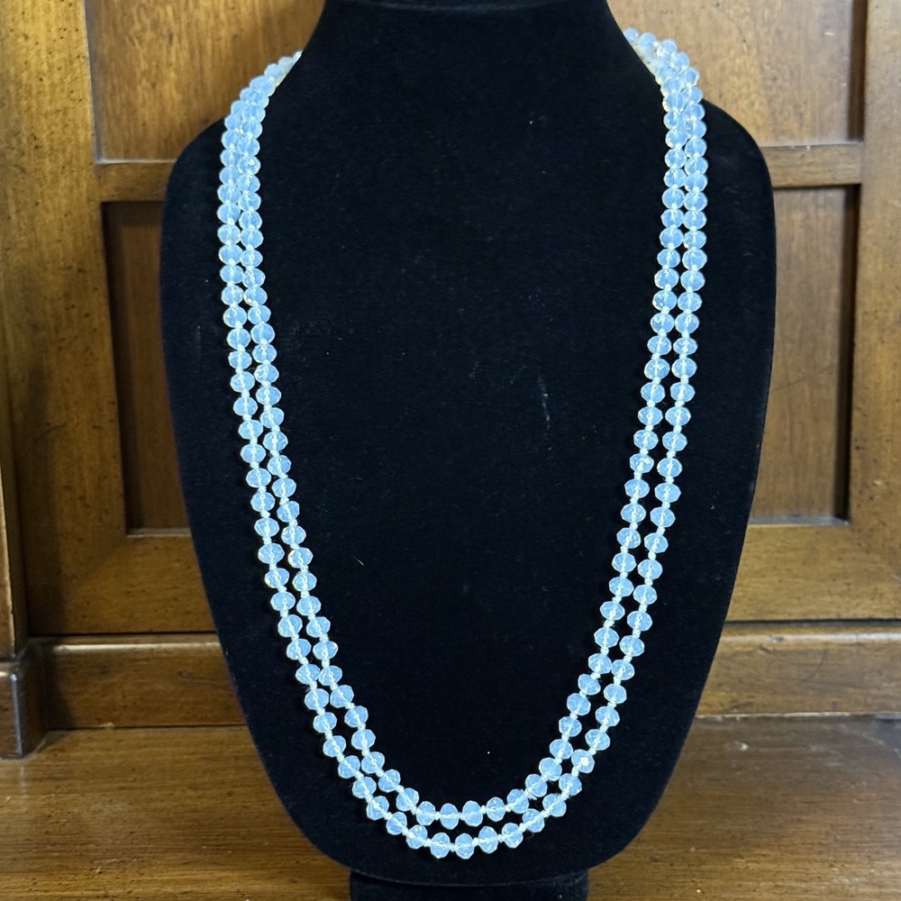 VTG Opalite Faceted Glass Rondelle Knotted Bead Flapper Length Necklace 60”