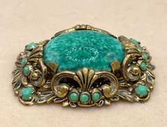 VTG W. Germany Ornate Peking Glass Filigree Shell motifs Brooch C-clasp Art Deco