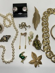 Vintage Estate Costume Jewelry Lot of 16 Brooches Stick Pins Necklaces Bracelets