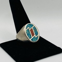 Vintage Navajo 925 Sterling Silver Turquoise Red Coral Signet Ring Size 12.5 12g