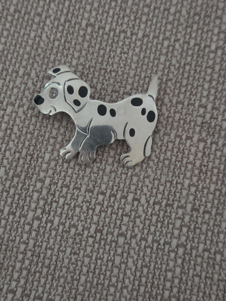 Vintage 925 Sterling Silver Enamel Dalmatian Poppy Dog Pin Brooch