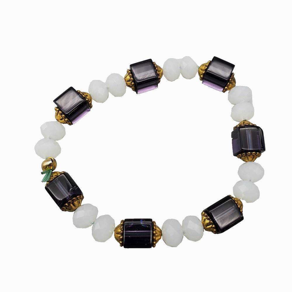 Women Faceted Bracelet Glass Beads Purple White Jewelry