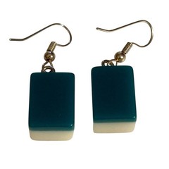 MAHJONG Tile Earrings White And Green Pierced Dangle Drop Acrylic Plastic VTG