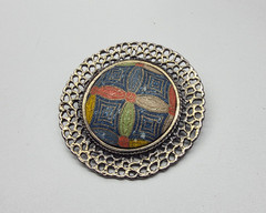 Blue Green Orange Yellow Cloth Covered Black Metal Dual Pendant Brooch Vintage