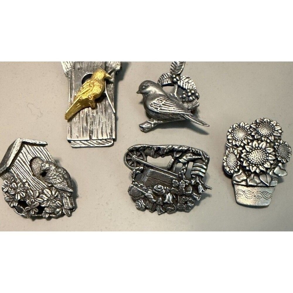 Vintage Pewter Pins Birds And Blooms And M Bastin