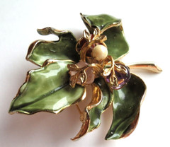 MINT Book Piece – Francois by Coro Enamel Leaf Pin Pearl & Chalcedony Stones
