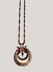 Vintage Style Gold Tone Celestial Crescent Moon Flower Pendant Necklace Ruby Red