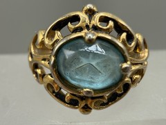 VINTAGE ESTATE GOLD PLATED OVAL CUT PASTE BLUE TOPAZ FILIGREE RING SIZE 8