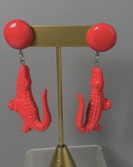 Fabulous Vintage Red Lucite Crock Alligator Pierced Earnings 3”