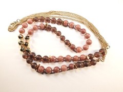 Mauve Glass Brown Acrylic Beaded Double Gold Tone Metal Chain Necklace Vintage