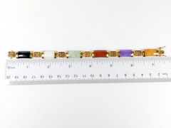 Vtg Six Color Jade w/ Six Chinese Lucky Characters Gold Plated Bracelet 7.5″