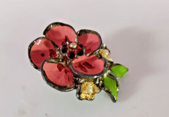 Vintage Pink and Green Enamel Painted Silver Tone Metal Floral Brooch 1″ x 1″