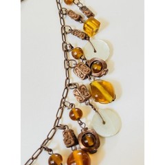 Earthy Collar necklace VTG Art Glass Beaded Mother Of Pearl Copper Mod Statement