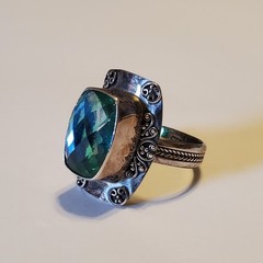 Vtg Sterling Silver & Caribbean Blue Green Quartz Ring Ornate Artisan Boho Sz 9