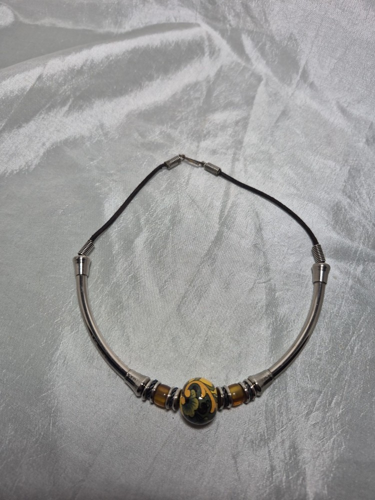 Vintage Yellow Painted Ceramic Bead Necklace Choker 15in