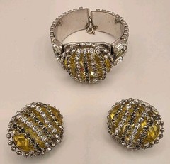Vintage Unsigned Hobe Yellow/Grey/Clear Crystal Layered Cuff Bracelet/Earrings