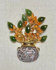 AUTHENTIC SWOBODA FLOWER VASE BROOCH ~ “A” QUALITY JADE,CARNELIAN, JASPER ~WOW!