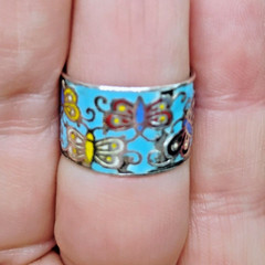 Vtg Butterfly Cloisonne Sterling Silver Wide Band Ring Size 7 Thailand – READ