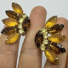 Vtg Art Deco Marquise Rhinestone Statement Orange Brown Climber Earrings Clip-on