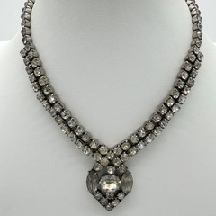 Vintage 1940s 1950s Rhinestone Necklace Earrings Set Smoky Gray Dangle