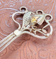 Vintage Solid Brass Hair Comb/Pins~Calla Lily Flower w Vines & Leaf ~Art Nouveau