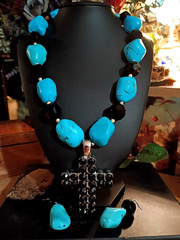 Vintage Faux Turquoise & Magnetic Hematite Bead Cross Necklace&Earrings Set