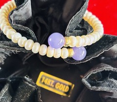 Pearl LAVENDER Jade 14k YELLOW Gold Bypass Bangle Flexible ADJUSTABLE BRACELET