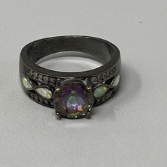Mystic Topaz Band Ring Black Metal Wide Rainbow Purple Green Stone Fire Opal 7