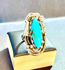 Vintage Sterling Native American 8×24 mm Turquoise Navette Ring Size 5.5 5 1/2