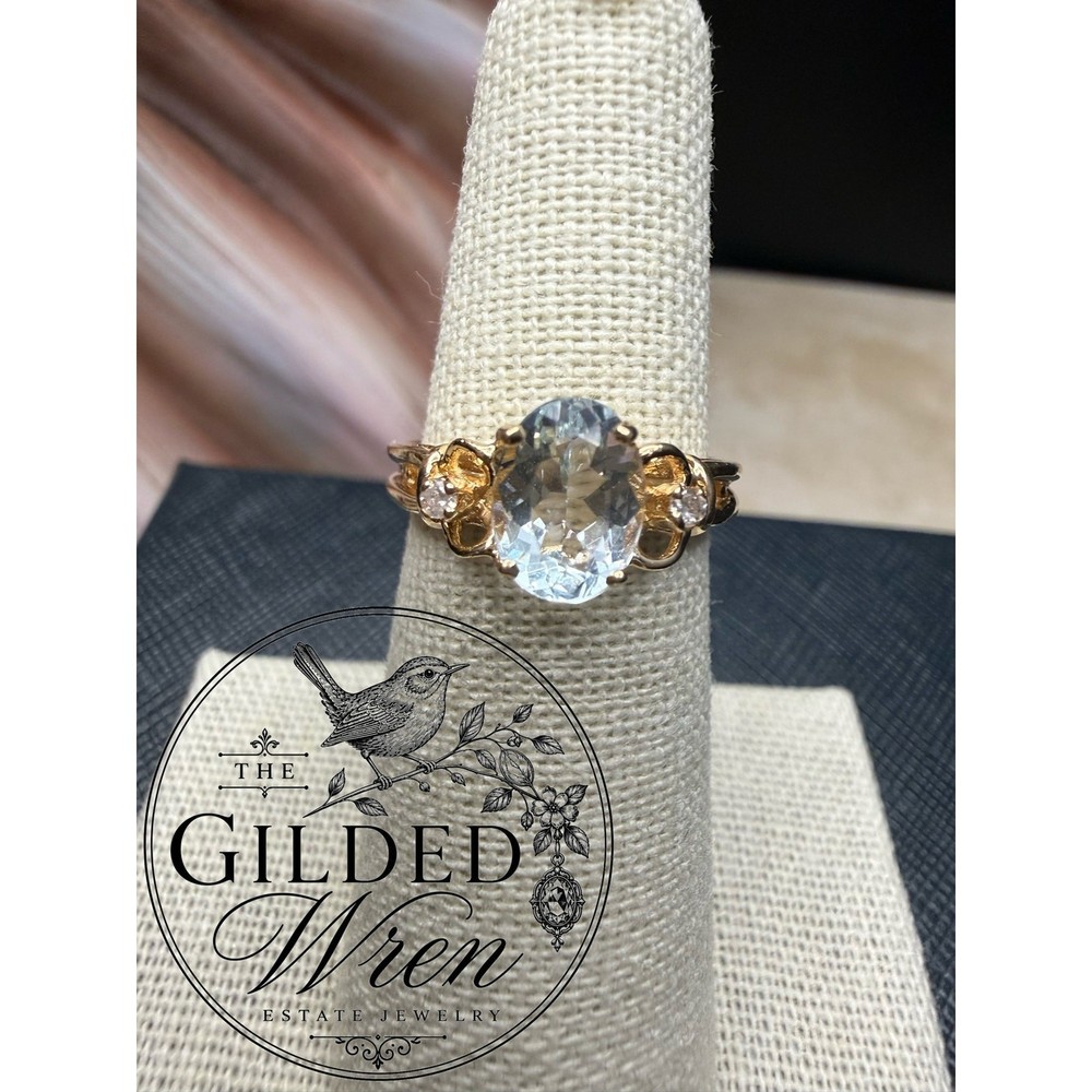 Vintage 14K Gold Aquamarine & Diamond Ring | Size 5.75 | Estate Fine Jewelry