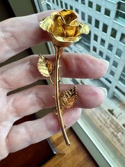 Vintage MCM Judy Lee Long Stem Open Rose Gold Tone Brooch Pin Flower Floral Rose