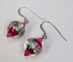 Vintage Sterling Silver Pink Roses Crystal Glass Lampwork Beaded Dangle Earrings