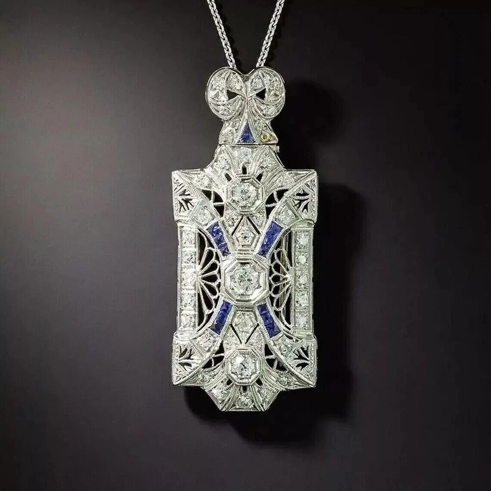 Vintage Art Deco Style Lab Created Diamond Wedding 14K White Gold Finish Pendant