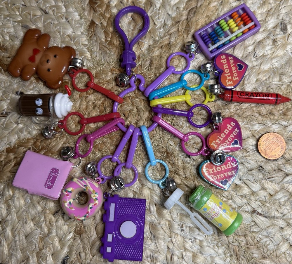 Vtg 80s Nostalgia Plastic Bell Charm Necklace Lot Cassette, Bubbles, Abacus EUC