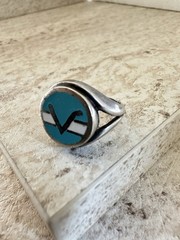 925 Silver Signet vintage Ring Size 5.5 Round Bezel Blue/White/Black Inlay
