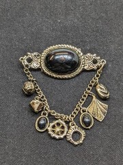 Vtg Victorian Revival Dangle Charm Brooch Black Cabochon Bronze Tone Emo Gothic