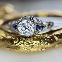 Art Deco Old European Cut Diamond Sapphire Engagement Ring