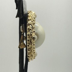 Vintage Adrianne Gold Tone Large Textured Edge Faux Pearl Clip-on Earrings