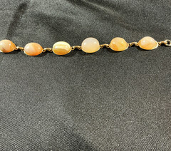 Vintage peach agate striated cabochon boho stone link bracelet, approx 6.75 in