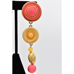 Vintage Statement Dangle Earrings Coral Orange Brushed Gold Beaded Chunky BinBK