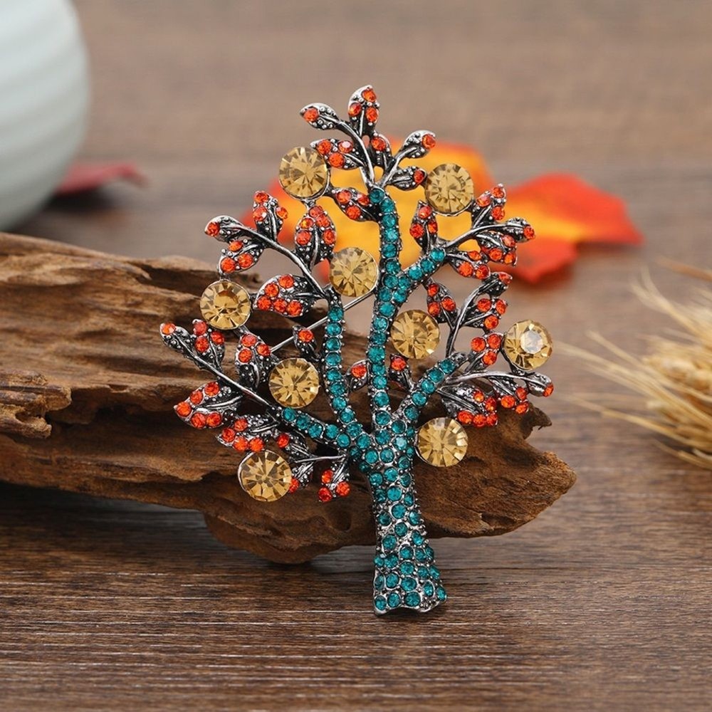 Rhinestone Tree Brooch Autumn Fall Tree Pin Multicolor Crystal Nature Jewelry