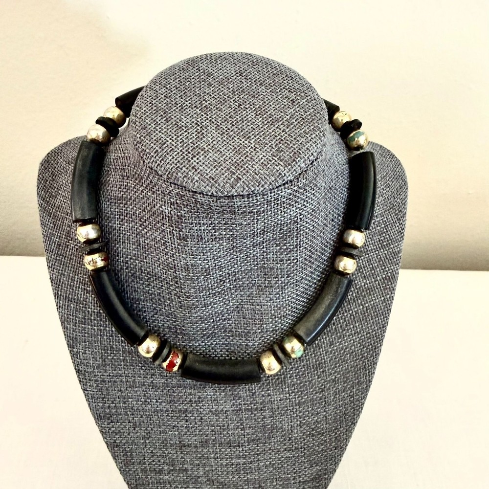 Vintage Boho Statement Choker Necklace 15.5in Black Tube Beads Gold Artisan