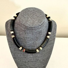 Vintage Boho Statement Choker Necklace 15.5in Black Tube Beads Gold Artisan